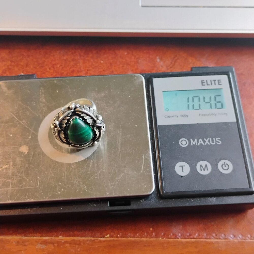 Southwest Malachite Sterling Silver Ring Size 7.5 Large Feather Leaf Setting - Picture 6 of 6